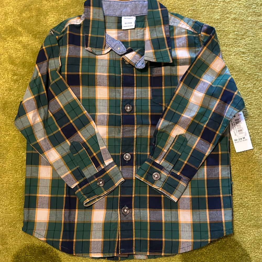New Old Navy Green Dressy Plaid Button Down Shirt